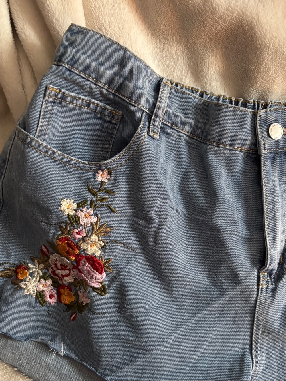 Embroidered Light Blue Denim Shorts